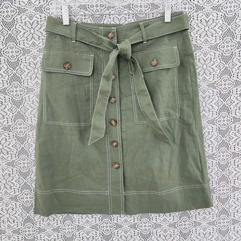 NWT J. Crew linen blend button mini pencil skirt tied waist green size 4